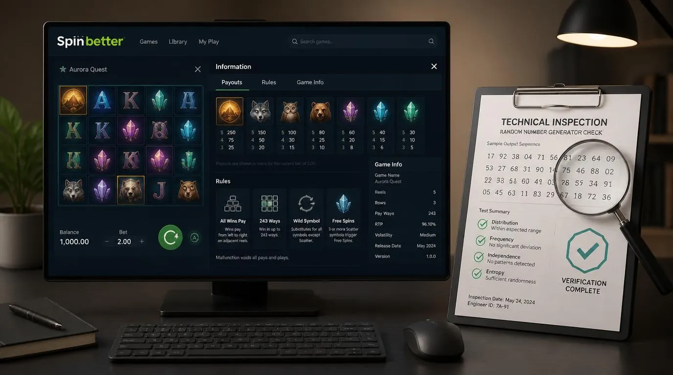 Panel gry kasynowej online z otwartymi zasadami, tabelą wypłat i schematem działania generatora RNG