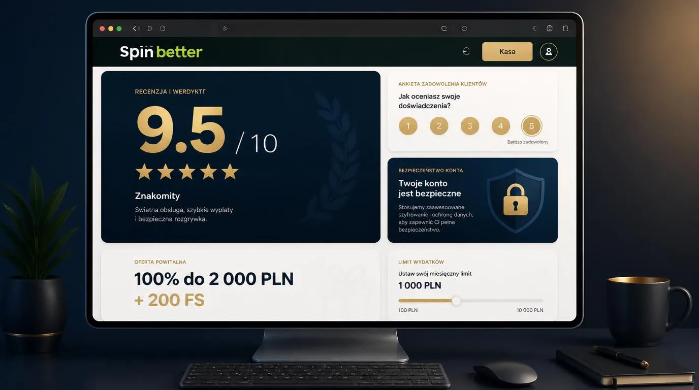 Panel oceny kasyna online z wynikiem 9,5/10, symbolem ochrony konta i przyciskiem przejścia do kasy