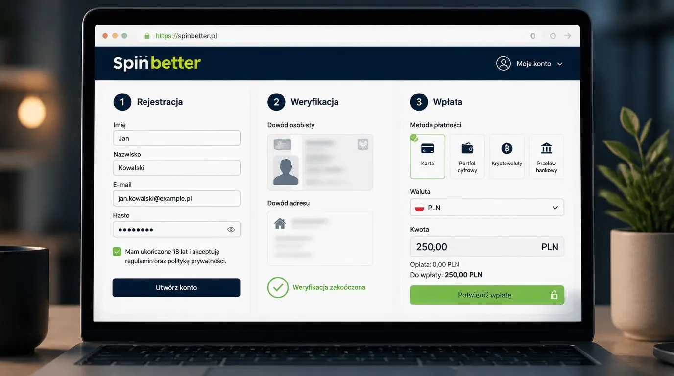 Panel konta kasyna online z etapami rejestracji, weryfikacji tożsamości i bezpiecznej wpłaty