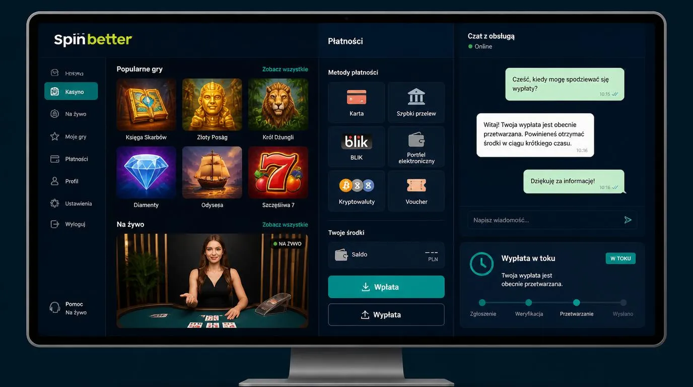 Panel kasyna online z automatami, grami na żywo, metodami płatności i oknem pomocy